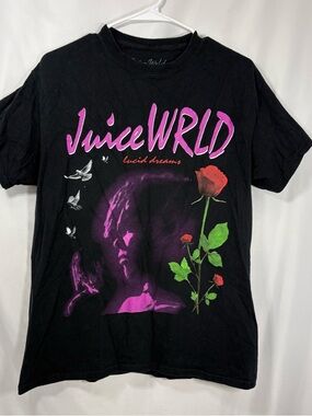 Juice WRLD Black Graphic Tee with Pink Logo and Red Rose